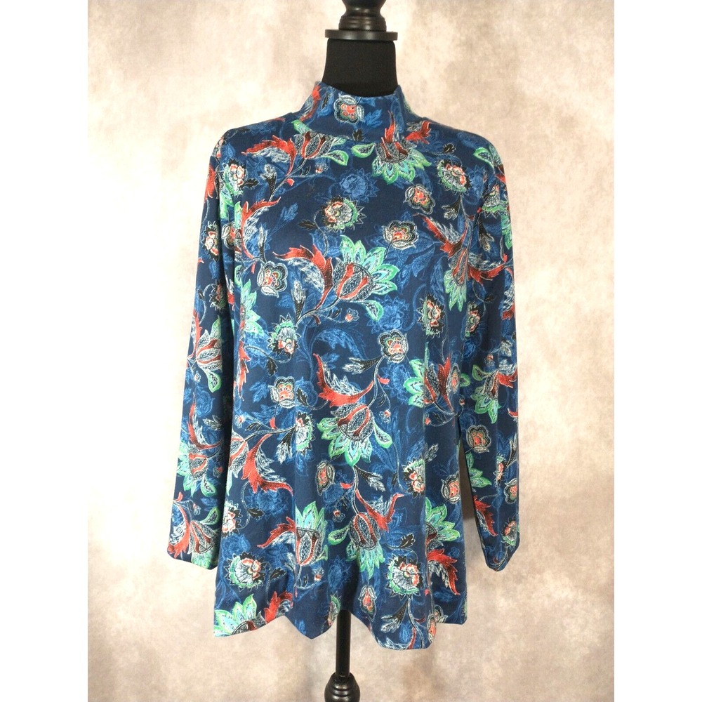 Appleseed's Jersey Knit‎ Sweater XL Floral Mockneck 3/4 Sleeve Blue Green Red